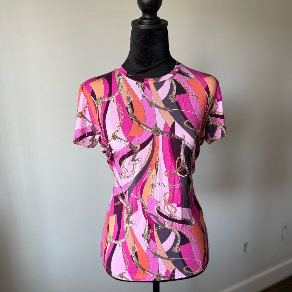 L'AGENCE Pink & Orange Swirl Chain-Print Short Sleeve Tee